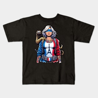 Francais: Female 90's Comic Book Hero with Sloth Kids T-Shirt